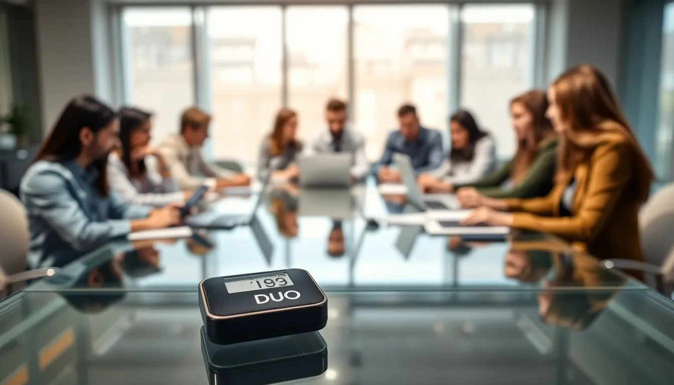 Duo hardware token on a desk with diverse professionals in a modern office.