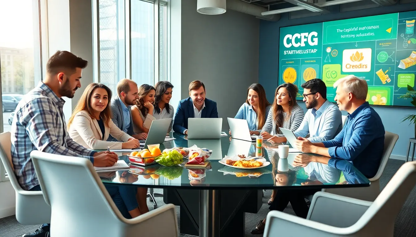 diverse team discussing CPG startup strategies in a modern office.
