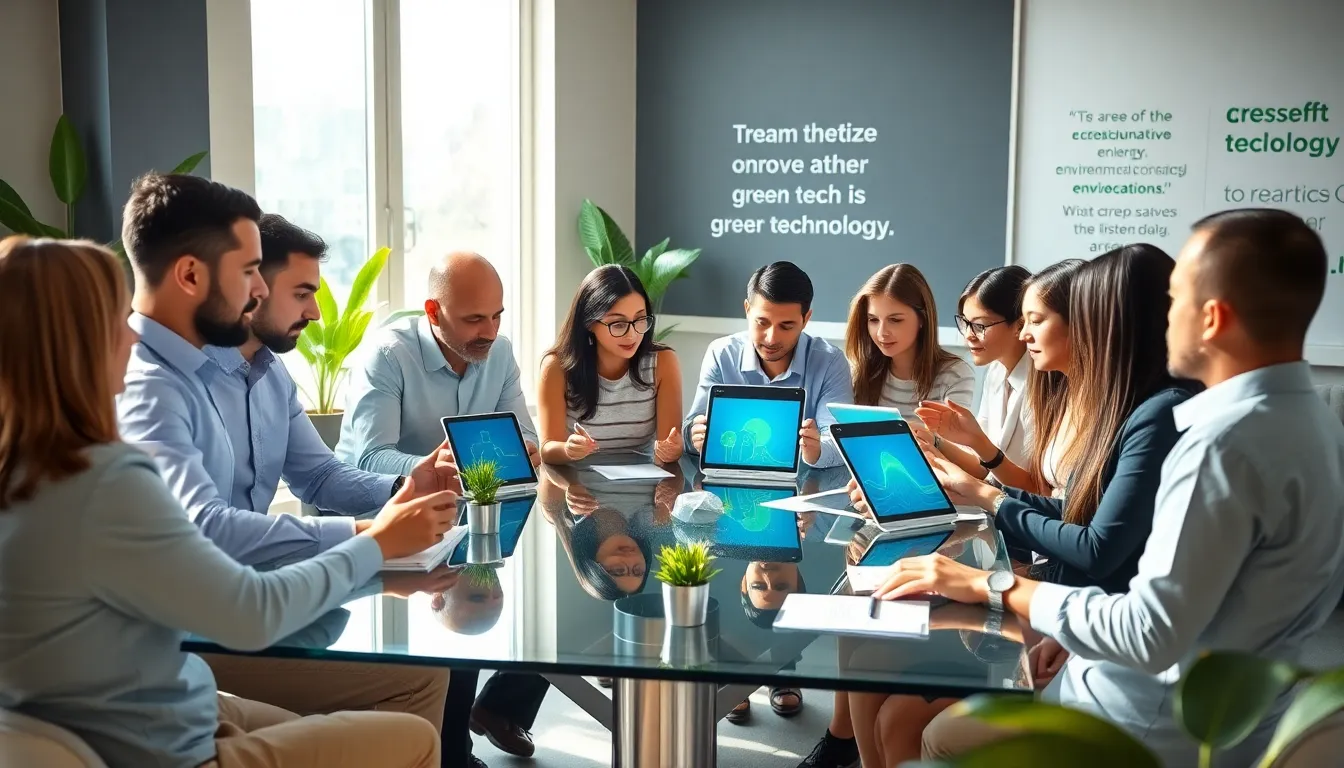 diverse team discussing green tech innovations in a modern office.