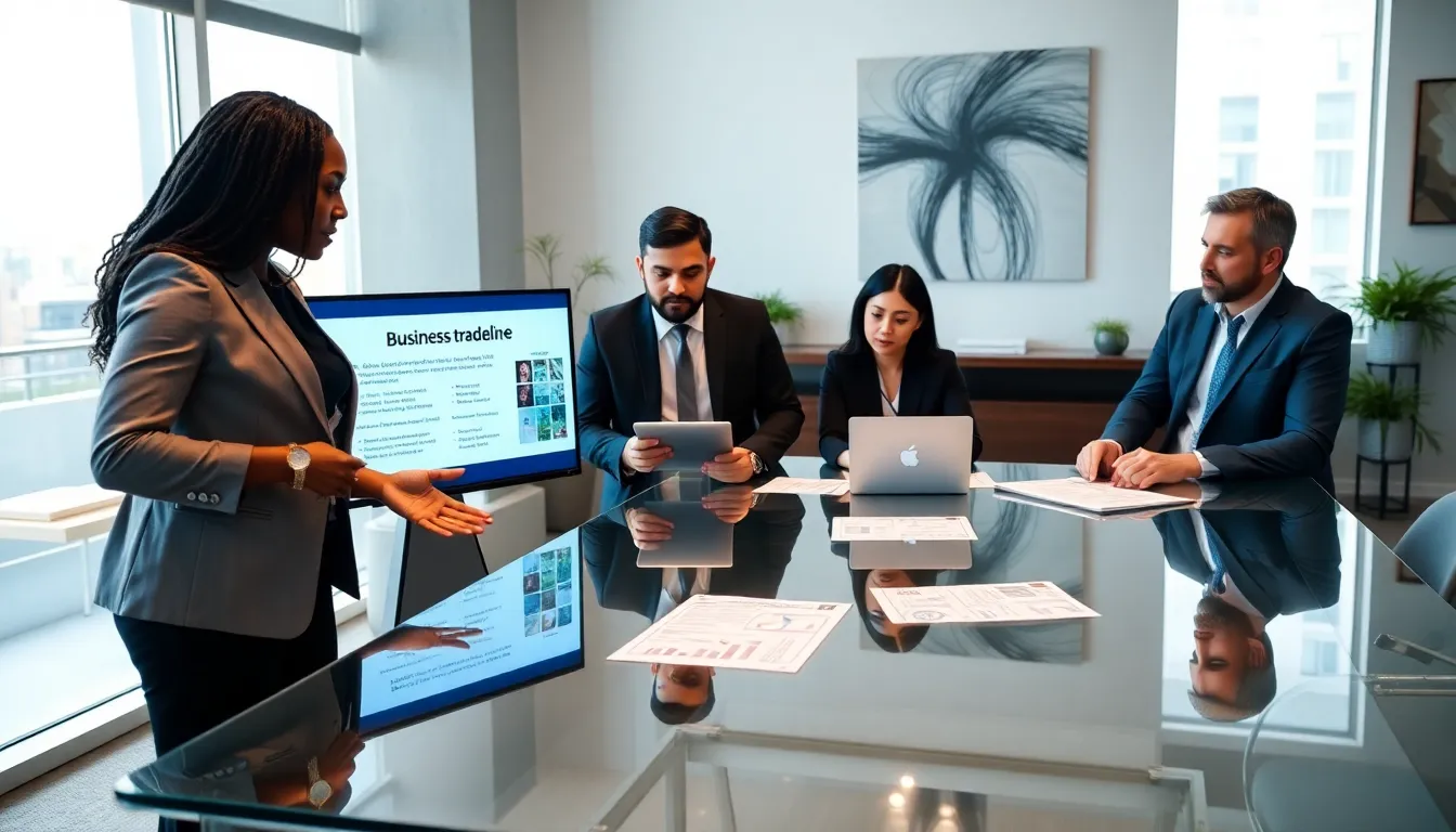 diverse team discussing business tradelines in a modern office.