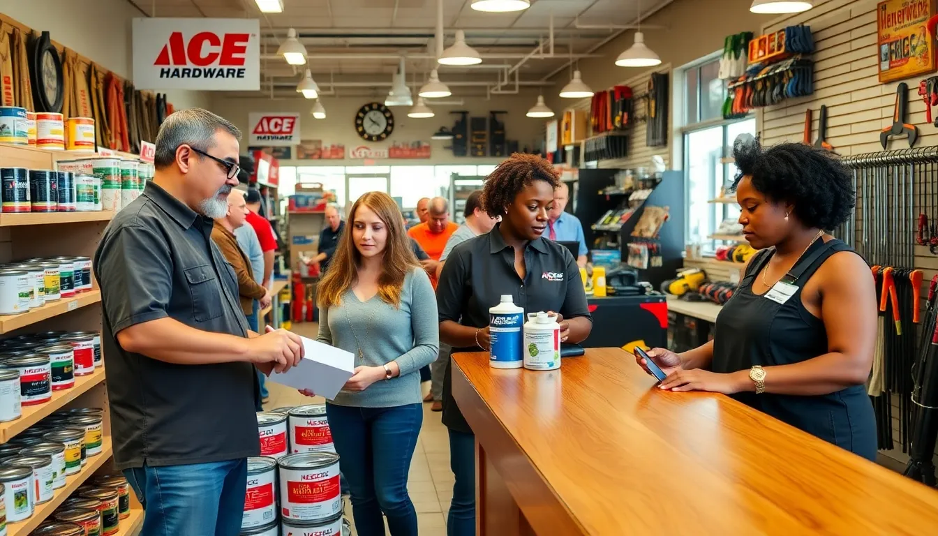 interior of Ace Hardware store with staff assisting customers.