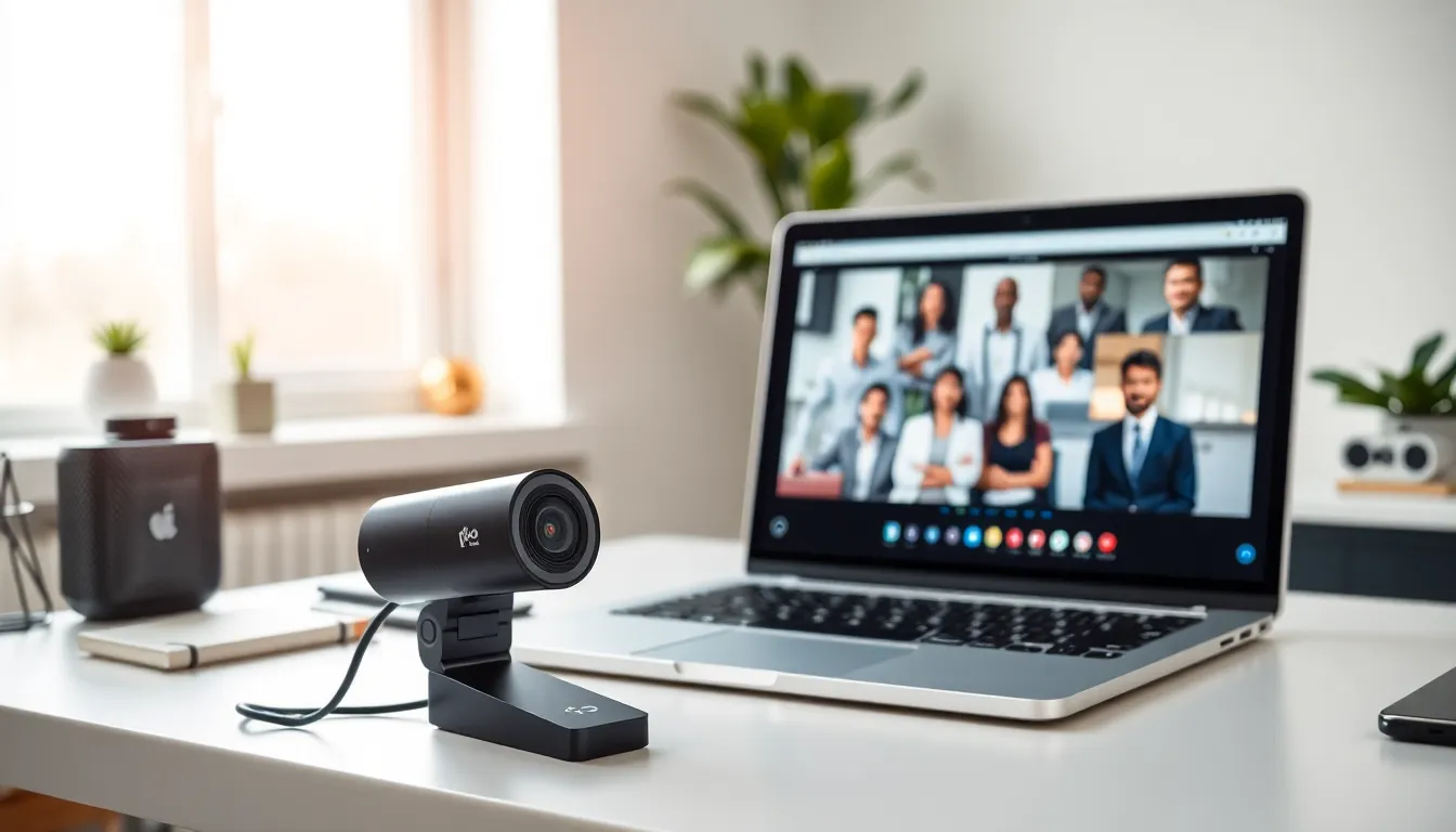 Powers Hardware webcam in a modern office during a video conference.