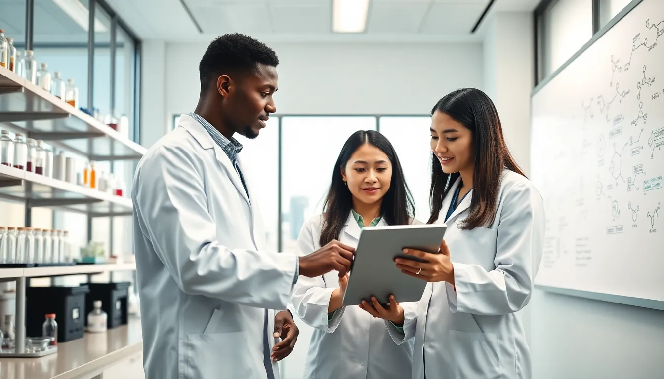 diverse scientists collaborating in a modern Boston biotech lab.