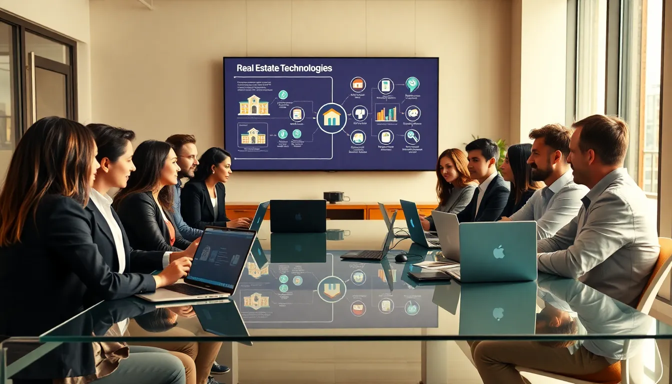 diverse team discussing real estate technologies in a modern office.