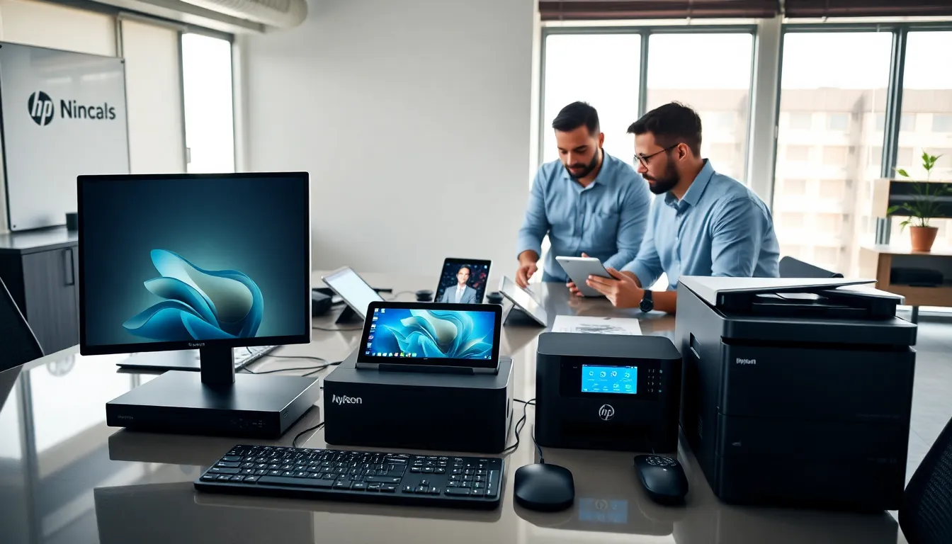 professionals discussing hardware devices in a modern office.
