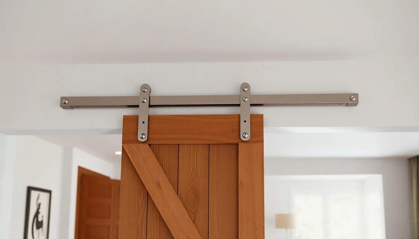 Stylish barn door hardware with a modern wooden door in a well-lit setting.