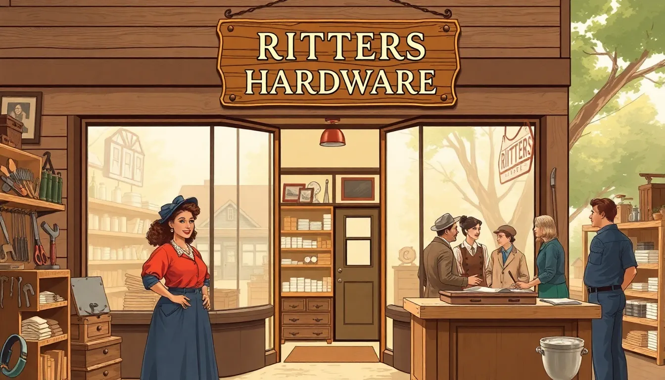Historic image of a vintage hardware store with friendly staff and customers.