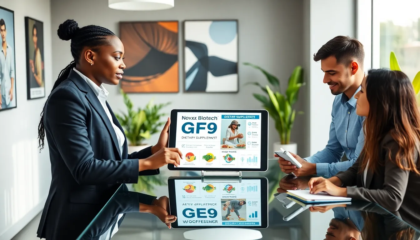 diverse professionals discussing Novex Biotech GF9 in a modern office.