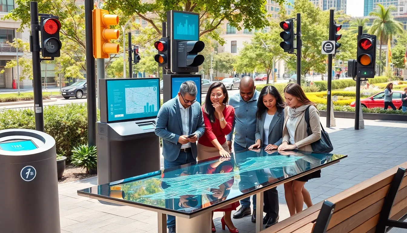 diverse professionals collaborating on urban hardware solutions in a modern city.
